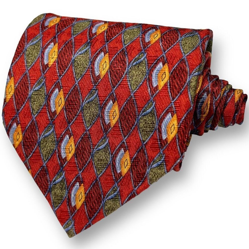 ERMENEGILDO ZEGNA Men’s Vintage Designer Red  Diamond Geometric 100% Silk Tie